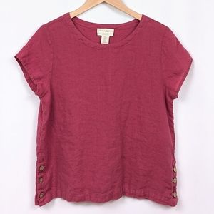 Cynthia Rowley Top Linen Button Sides Short Sleeve Round Neck Boxy Pink size M